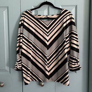 Toni Morgan Womens Striped Blouse Large 3/4 Sleeve Beige Black Y2K Office Career